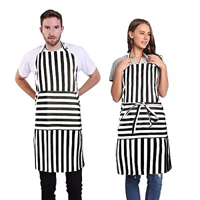 Adjustable Bib Apron With Long Ties For Women Men 18 Colors Wide Bk&wh Stripes • $24.28