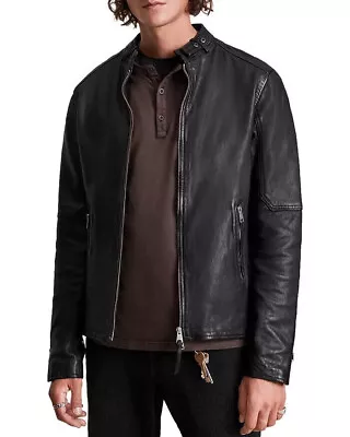 AllSaints Leather Jacket Men  2XL Black Cora  Bomber Snap Collar Lined New • $480