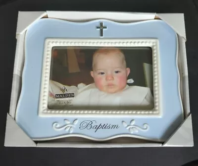 NIB Blue MALDEN Baptism Frame New BABY Boy Ceramic Blue White 4x6 Photo Gift • $24.99