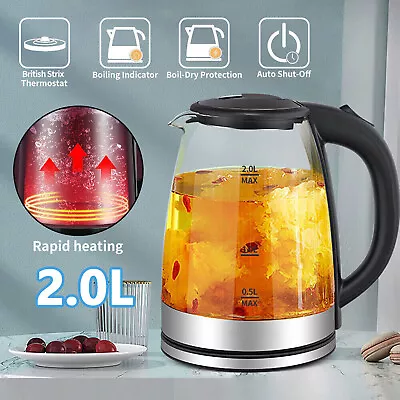 2L Electric Kettle Glass Fast Boil Quiet With Blue LED Boil-Dry Protection 1500W • £10.99