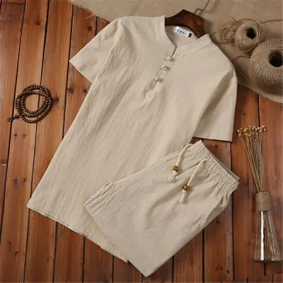 Mens Shorts Cotton Linen Summer Outfit 2-Piece Set Short Sleeve T Shirts And • $34.98