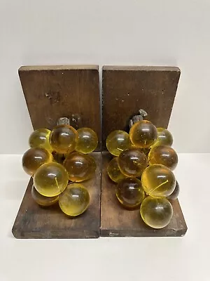 Vtg Lucite Grapes Bookends MCM 60s Amber Green Mid-century Modern Wood Retro • $25