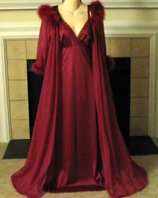 VTG Wine XL Chiffon Marabou Feathers Lingerie Dress Nightgown Peignoir Robe Set • $349