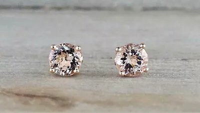 8MM Round Lab Created Morganite Diamond Women' Stud Earring 14K Rose Gold Plated • $41.99