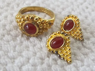 1993 MMA WAG Carnelian Cabs Gold Over Sterling Etruscan Revival Ring Earrings Q2 • $59