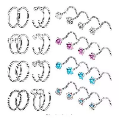 32PCS/LOT Colorful CZ L Screw Bone Studs Surgical Steel Nose Hoop Ring Set 20G • $9.99