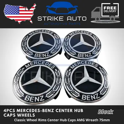 $17.99 • Buy MERCEDES BENZ SET OF 4 Classic Black 75MM Wheel Rims Center Hub Caps AMG Wreath