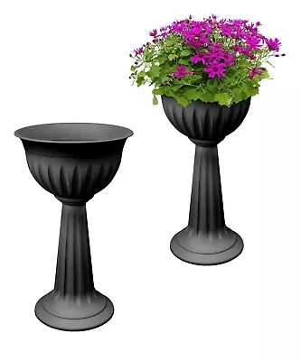 Set Of 2 Black Urn Plant Pot Outdoor Garden Round Plastic Planter Water Feature • £24.95