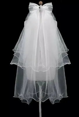 Wedding Veil On Comb - White 2 Tier + Bow - Party Bridal Lace - Swirl Edge  - UK • £4.99