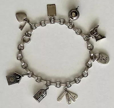 Vintage Love Lock Heart Key Bird Teapot Shoe Charm Bracelet 925 Sterling Silver • $152