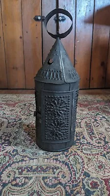 Antique Early Primitive Metal Tin Worn Black Punched Candleholder Lantern 16.5  • $178