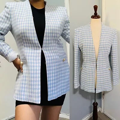 ZARA Women Ecru Blue Lapelless Textured Houndstooth Long Sleeve Blazer Size M • $99.99