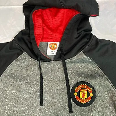 Manchester United Hoodie Mens Medium Gray Long Sleeve Fleece Lined Embroidered • $27.99