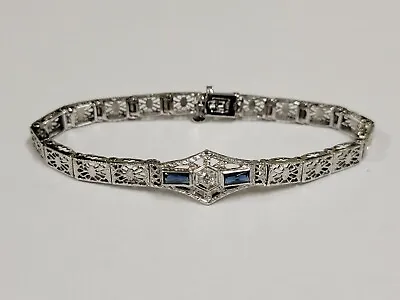 14k Vintage Filigree Diamond & 2 Baguette Sapphires White Gold Bracelet 6.25  • $760