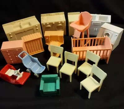 Vintage MAR Dollhouse Furniture Lot Set Of 15 +  Baby Stroller And Rocker. • $29.95