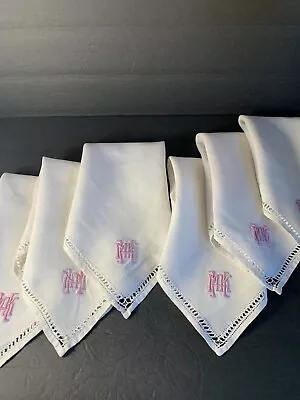 Vintage 1930s Linen Napkin Set 6 Pink Monogram MHK Drawn Thread Border~Superb • $89