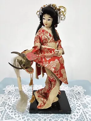 Antique Yaegaki Geisha Doll Wearing Japanese Brocade Kimono Hold Warrior Helmet • $69