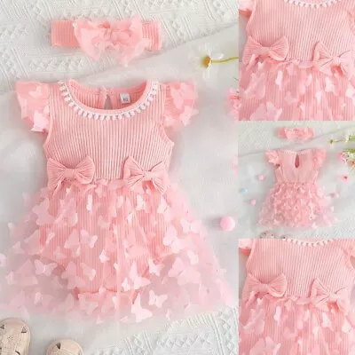 Newborn Baby Girls Floral Ruffle Romper Dress Heandband Set Outfits Clothes • £7.99