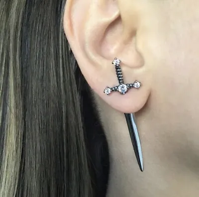 Men Women Goth Dagger Sword Screw Piercing Earrings Punk Jewelry Black New • $16