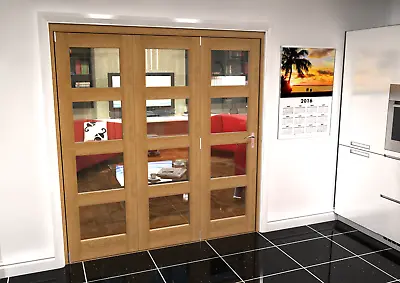 Internal Bifold Doors Oak Unfinished 4 Lite Clear Glass & Stabilising Base Track • £620