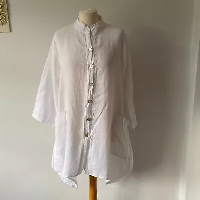 Made In Italy White Oversized Lagenlook Tunic Top Shirt Linen One Size Bust 44  • £12.99