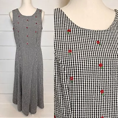Vintage | J.G. Hook Cotton Gauze Cottagecore Checkered Maxi Dress Flowers Sz 12 • $65