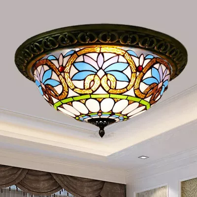 Tiffany Ceiling Chandelier Light Baroque Stained Glass Flush Mount Lamp Fixture • $117.90