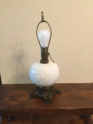 Antique Converted Milk Glass Oil Lamp W/Flowers And Lace Design W/Cast Iron Base • $95