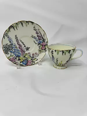 Foley Bone China Teacup And Saucer (V2122) - Purple And Blue Flowers - Vintage E • $15.29