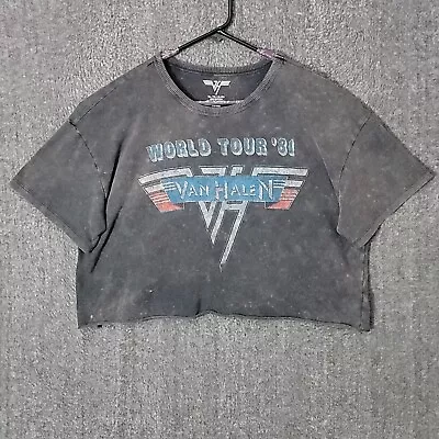 Van Halen T-Shirt Womens XL Gray Acid Wash Crop Tee 1981 World Tour Graphic Logo • £18.28