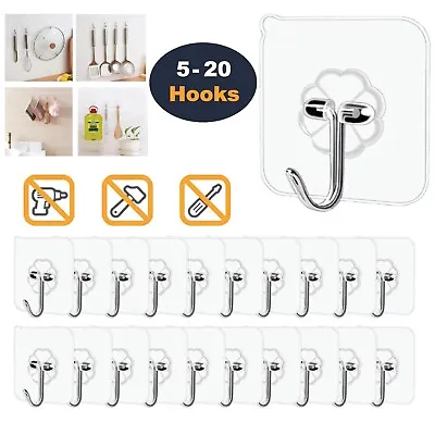 £5.99 • Buy 5-20 Sticky Hooks Self Adhesive Strong Heavy Duty Wall Seamless Transparent Hook
