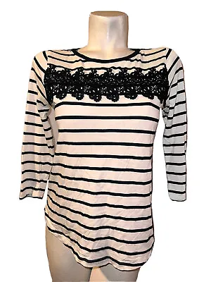 LOFT OUTLET Top Women's Size XS Black White Striped 3/4 Sleeve Crochet Shirt Tee • $14.24