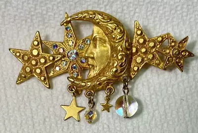 Wonderful Kirks Folly Brooch Pin Stars Man In The Moon With 4 Dangling Charms • $28