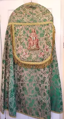 Vtg Handpainted Green Silk Cope Vestment Jesus St. Francis Flowers Latin • $799.99