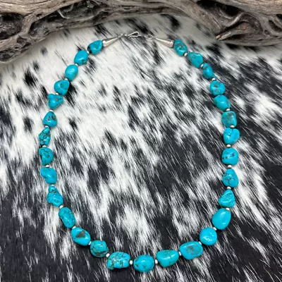 1980s Native American Sterling Silver & Brilliant Blue Turquoise Nugget Necklace • £120.53