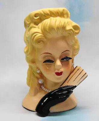 Vintage E-1062 Lady Head Vase 5 1/2  Blonde Hair W/ Curls Black Glove Fan Pearls • $19.95