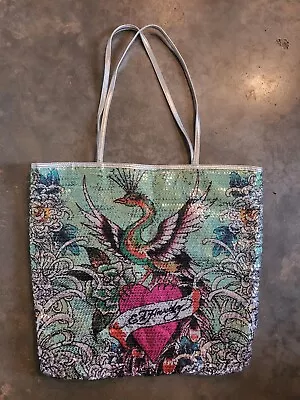 ED HARDY SPARKLING Sequins Large TOTE Bag Phoenix Tattoos & Heart Silver Back • $28