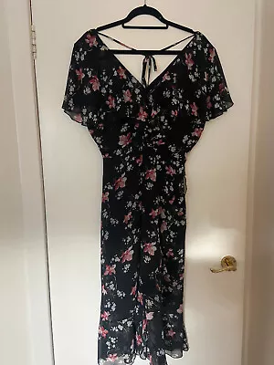 Lovely Black Floral Chiffon Dress By Warehouse Size 14 In Perfect Condition • £3.99