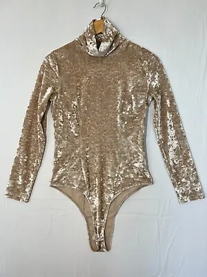 Zara Bodysuit Womens Size Small Velour Velvet High Neck Snap Champagne Ecru • $24.98