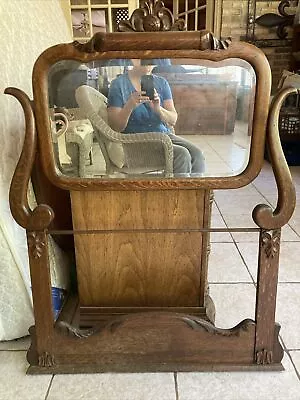 Antique Tiger Oak Beveled Mirror Only W Towel Bar For Dry Sink Washstand • $325
