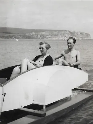 Vintage Old Photograph Man Bare Chest Lady On Pedal Boat Swanage Bay Summer 1953 • $3.79