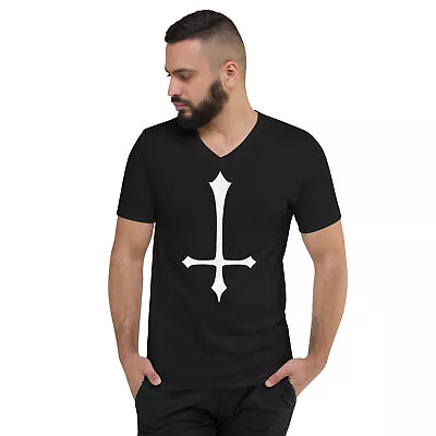 White Inverted Satanic Unholy Cross Unisex Short Sleeve V-Neck T-Shirt • £29.21