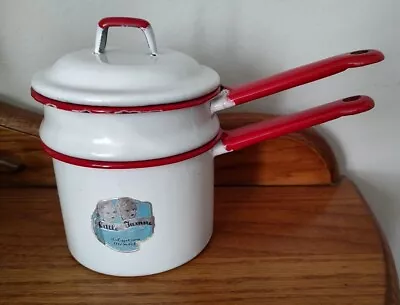 Vintage Enamel Ware Double Boiler Red White Child Size Little Twinsie With Label • $18.99