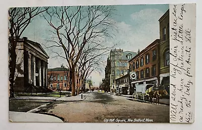 1907 MA Postcard New Bedford Massachusetts City Hall Square Street Scene Horse • $4.99