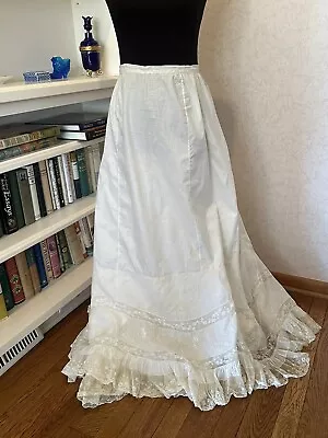 Antique Edwardian Ivory Petticoat Skirt Slip W/ Flounced Lace Ruffle C1890s • $101