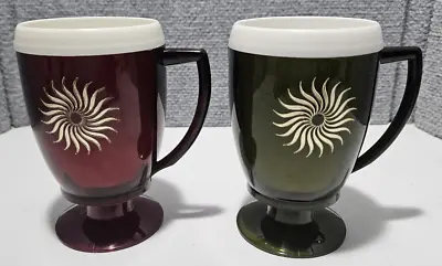 Set Of 2 Vtg Insulated Melmac Handled Pedestal Maroon Green Mugs Sunburst • $15.98