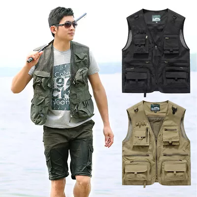 Men's Mesh Jacket Multiple Pockets Vest Coat Casual Photographer Fishing L-6XL • $25.89