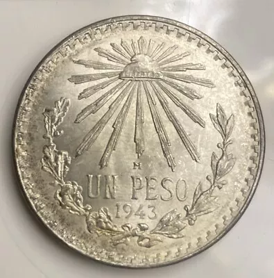 1943  Mexico $1 Un Peso Cap & Rays   Silver .720  Coin  Km 455 • $16