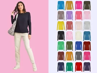 Womens Ladies Long Sleeve Stretch Plain Round Scoop Neck T Shirt Uk 8-26 • £4.49