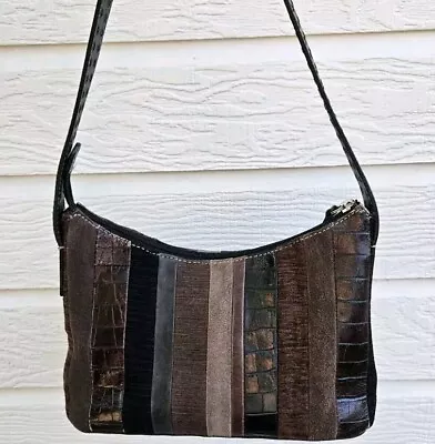 Fossil Black Brown Patchwork Multi Textured Leather Hobo Shoulder Bag Y2K • $25